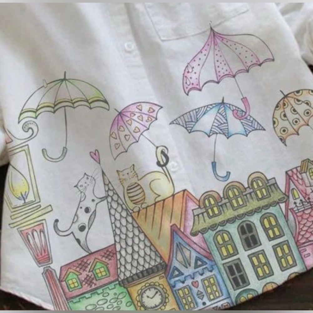 MISSLOOK Plus 3X Blouse w/ Cats 3/4 button up, white long sleeve